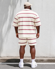 Big & Tall Men's Wine Red Horizontal Stripe New York Printed Round Neck Short Sleeve T-Shirt Shorts Set
