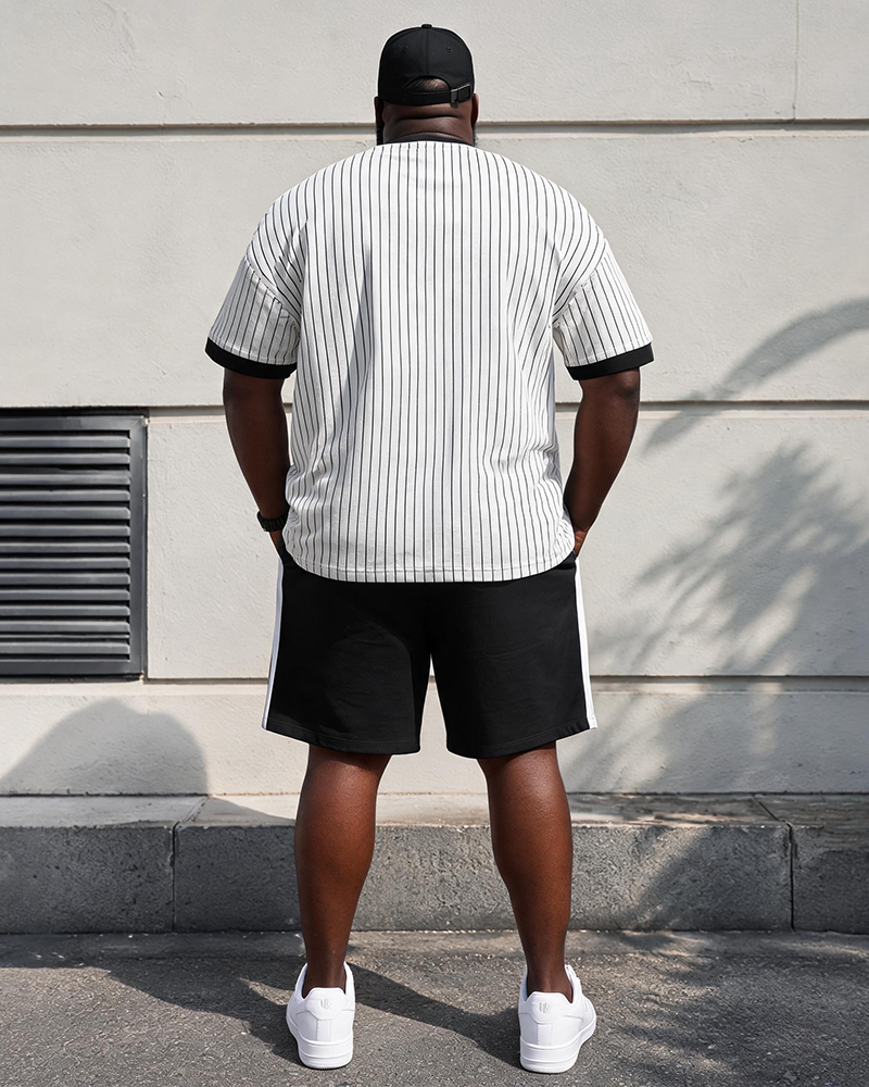 Big & Tall Men’s Fine-Striped Small-Logo Color-Block Printed Crew-Neck Short-Sleeve T-Shirt And Shorts Set