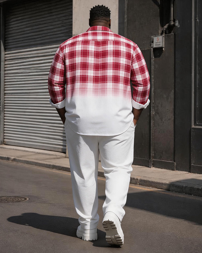 Big & Tall Men's Red And White Plaid Gradient Printed Long Sleeve Shirt Pants Set