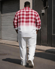 Big & Tall Men's Red And White Plaid Gradient Printed Long Sleeve Shirt Pants Set