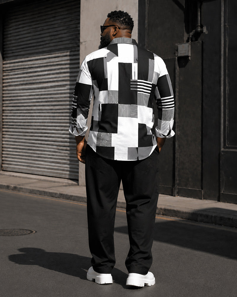Big & Tall Men's Black And White Gray Geometric Block Printed Long Sleeve Shirt Trousers Set