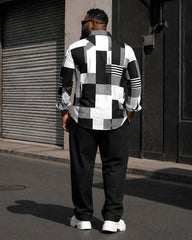 Big & Tall Men's Black And White Gray Geometric Block Printed Long Sleeve Shirt Trousers Set