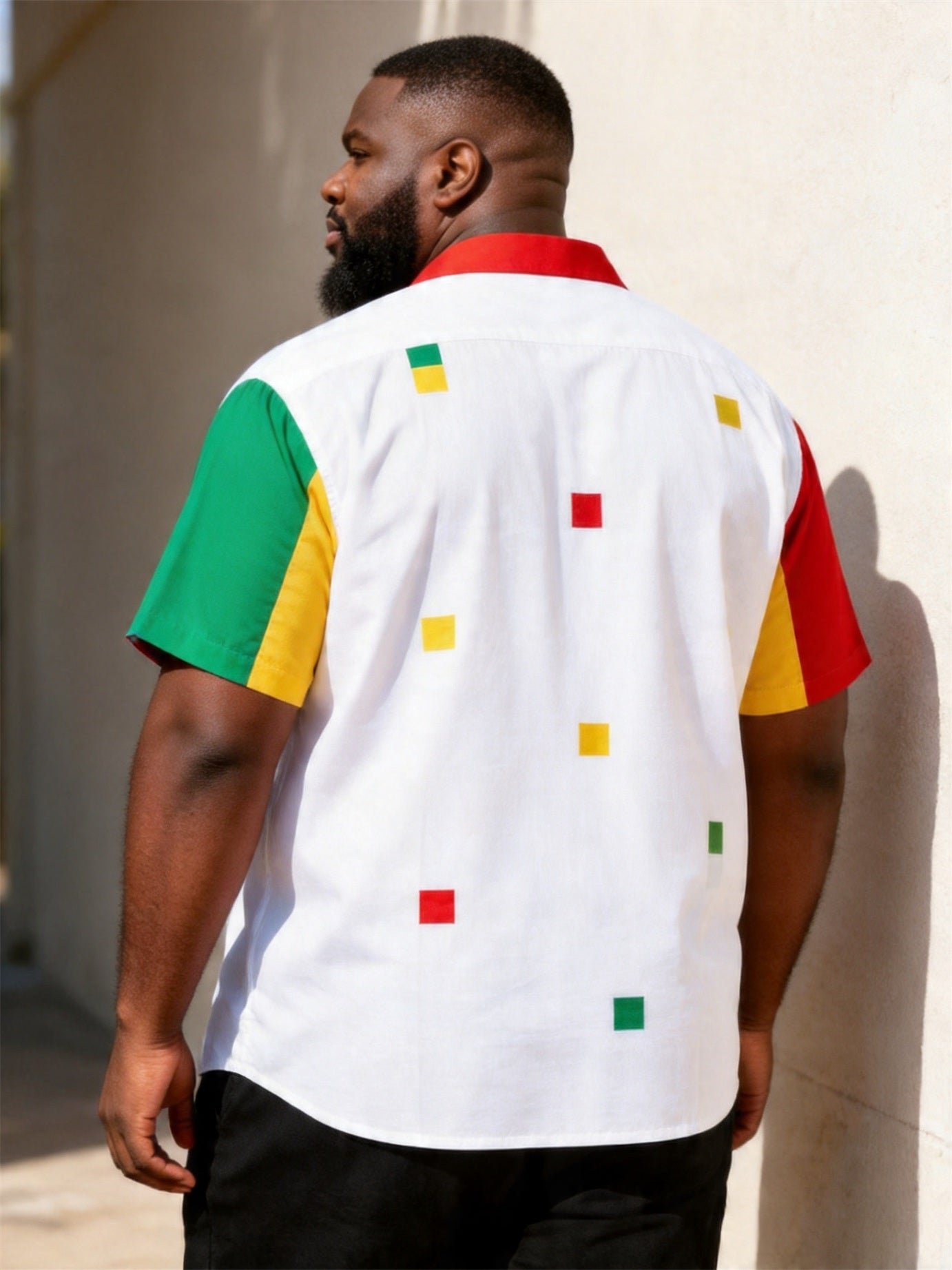 Big & Tall Men's Red, Yellow And Green Love Geometric Square Printed Short Sleeve Shirt