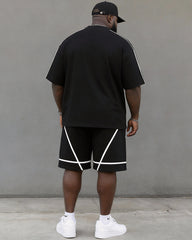 Big & Tall Men's Black And White Line Crown Print Round Neck Short Sleeve T-shirt Shorts Set
