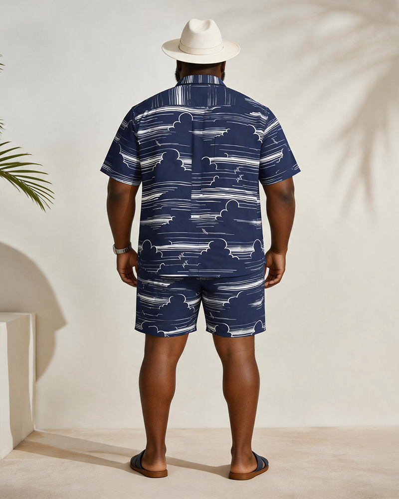 Big & Tall Men's White Cloud Airplane Line Print Short Sleeve Shirt Shorts Set