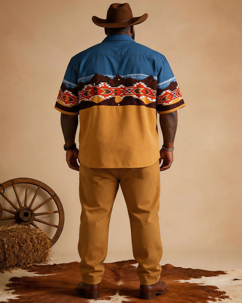 Big & Tall Men's Western Navajo Geometric Print Short Sleeve Shirt Pants Set