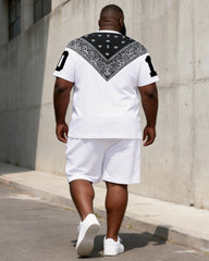 Big & Tall Men's Paisley Triangle Patchwork Printed Round Neck Short Sleeve T-Shirt Shorts Set