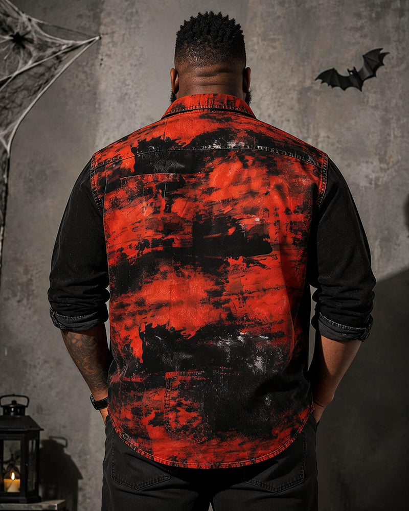 Big & Tall Men’s Halloween Red And Black Graffiti Color-Block Printed Long-Sleeve Shirt