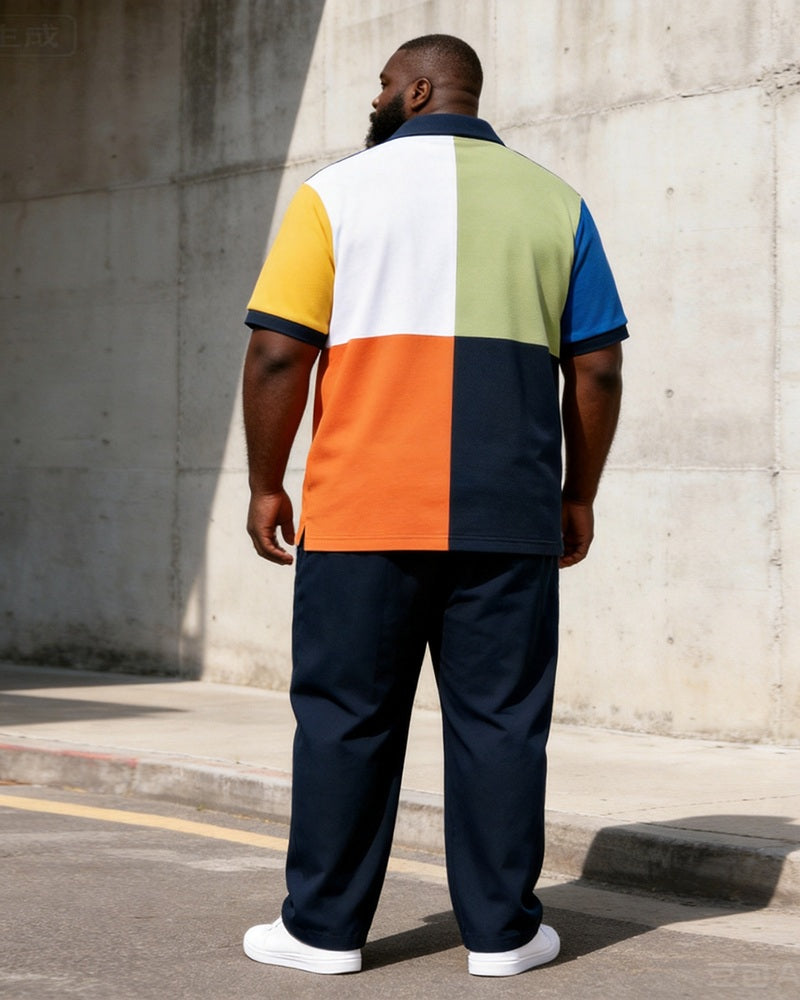 Big & Tall Men's Four-color Stitching A- Print Polo Short Sleeve Pants Set