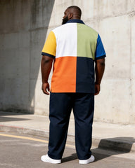 Big & Tall Men's Four-color Stitching A- Print Polo Short Sleeve Pants Set