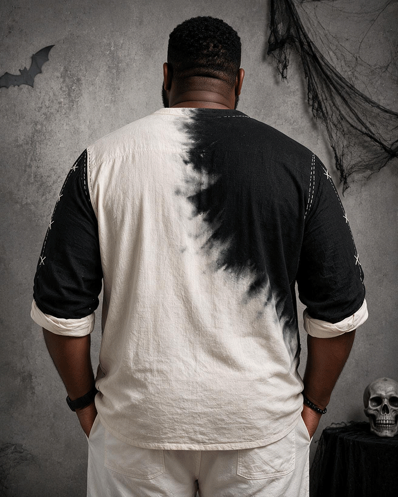 Big & Tall Men's Black And White Spotted Ghost Smiley Printed Collar Long Sleeve Shirt