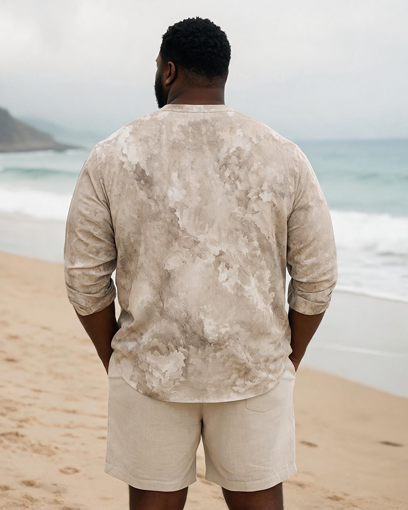 Big & Tall Men’s Retro Ink-Wash Blotched Tie-Dye Printed Stand-Collar Long-Sleeve Shirt