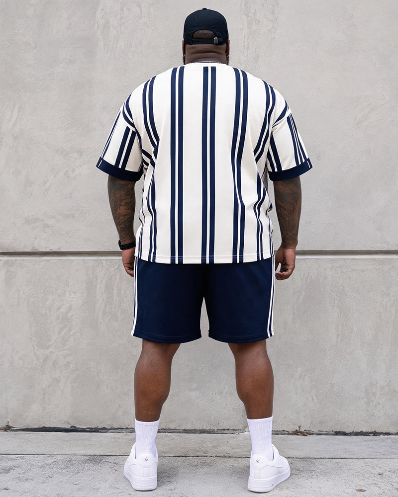 Big & Tall Men's Navy Blue Vertical Stripe Printed Round Neck Short Sleeve T-shirt Shorts Set