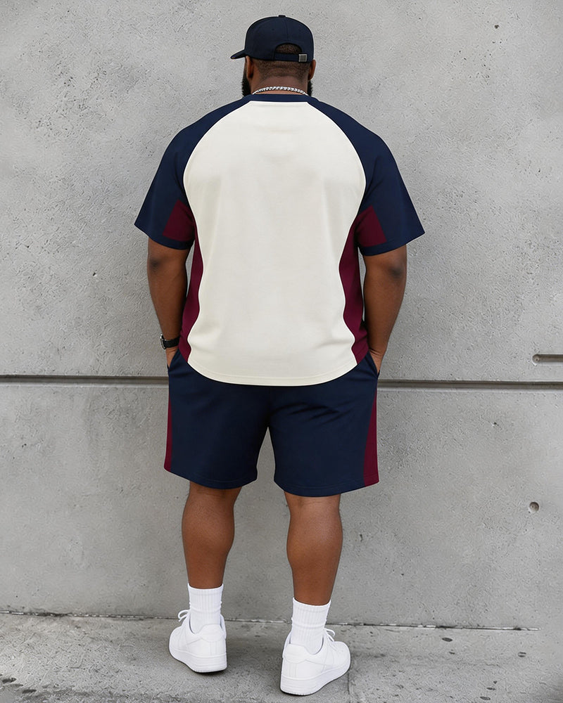 Big & Tall Men's Navy Blue Stitching Contrast Printed Crew Neck Short Sleeve T-shirt Shorts Set