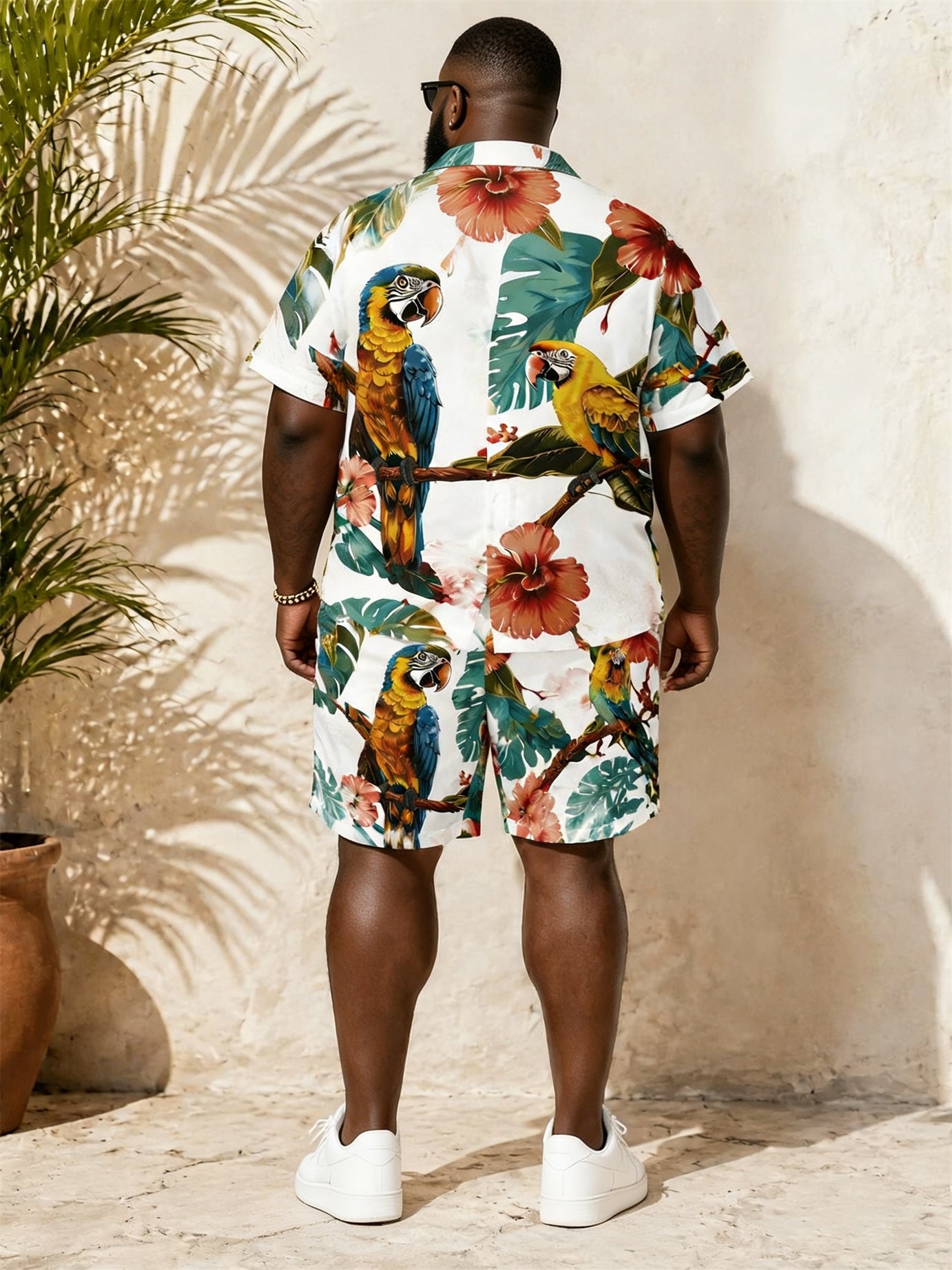 Big & Tall Men's Tropical Parrot Green Plant Printed Short Sleeve Shirt And Shorts Set