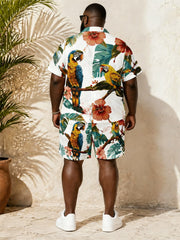 Big & Tall Men's Tropical Parrot Green Plant Printed Short Sleeve Shirt And Shorts Set