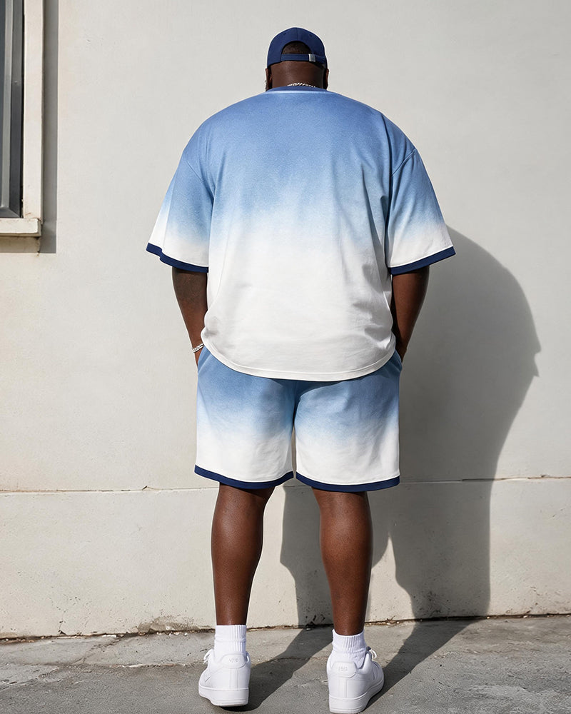 Big & Tall Men's Blue And White Gradient Printed Crew Neck Short Sleeve T-shirt Shorts Set