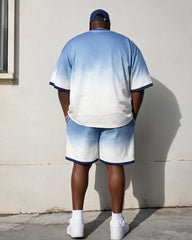 Big & Tall Men's Blue And White Gradient Printed Crew Neck Short Sleeve T-shirt Shorts Set