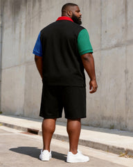 Big & Tall Men’s Black-Base Color-Block Printed Pocket Polo Short-Sleeve Shorts Set