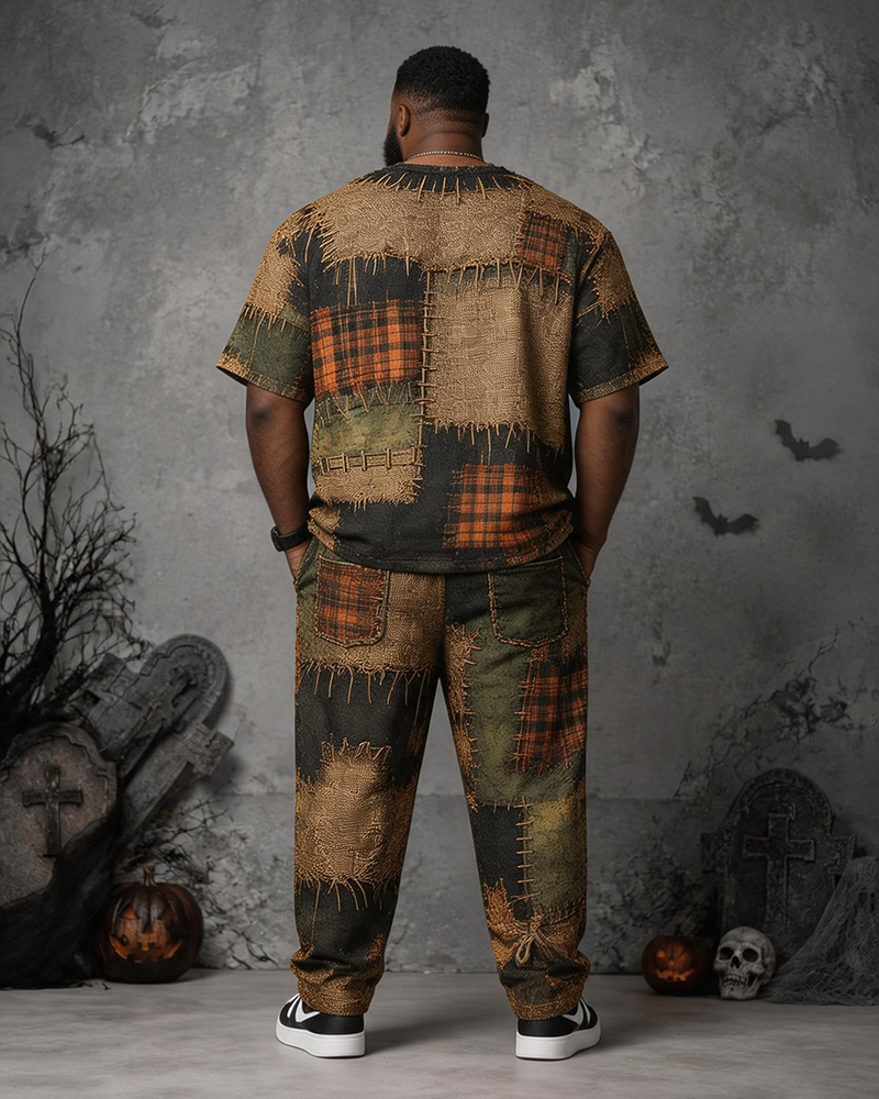 Big & Tall Men's Patch Patchwork Scarecrow Pumpkin Love Printed T-Shirt Pants Set