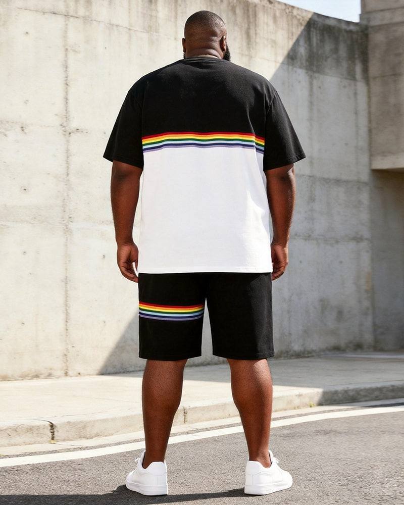 Big & Tall Men's Black And White Color Contrast Rainbow Stripe Printed Round Neck Short Sleeve T-Shirt Shorts Set