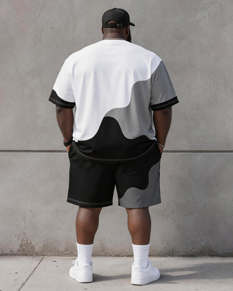 Big & Tall Men's Black And White Gray Gradient Wave Stitching Printed Round Neck Short Sleeve T-shirt Shorts Set