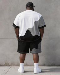 Big & Tall Men's Black And White Gray Gradient Wave Stitching Printed Round Neck Short Sleeve T-shirt Shorts Set