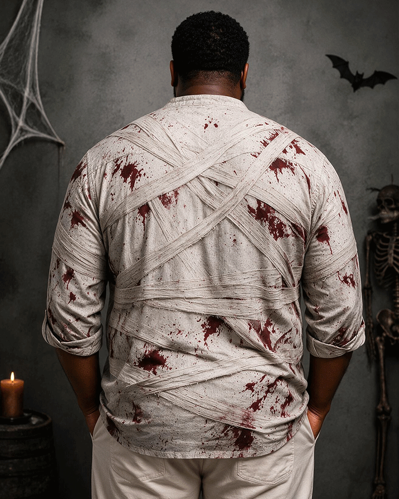 Big & Tall Men's Halloween Mummy Bloodstain I'm Fine Printed Stand-collar Long-sleeved Shirt