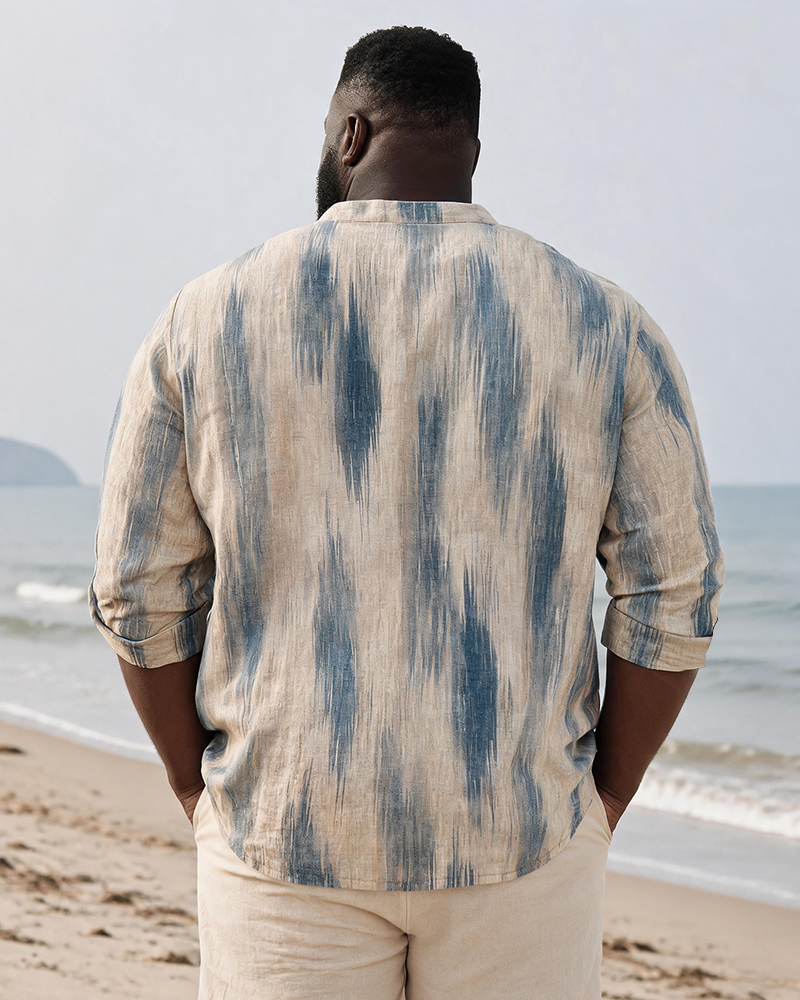 Big & Tall Men’s Retro Vertical Stripe Tie-Dye Printed Stand-Collar Long-Sleeve Shirt