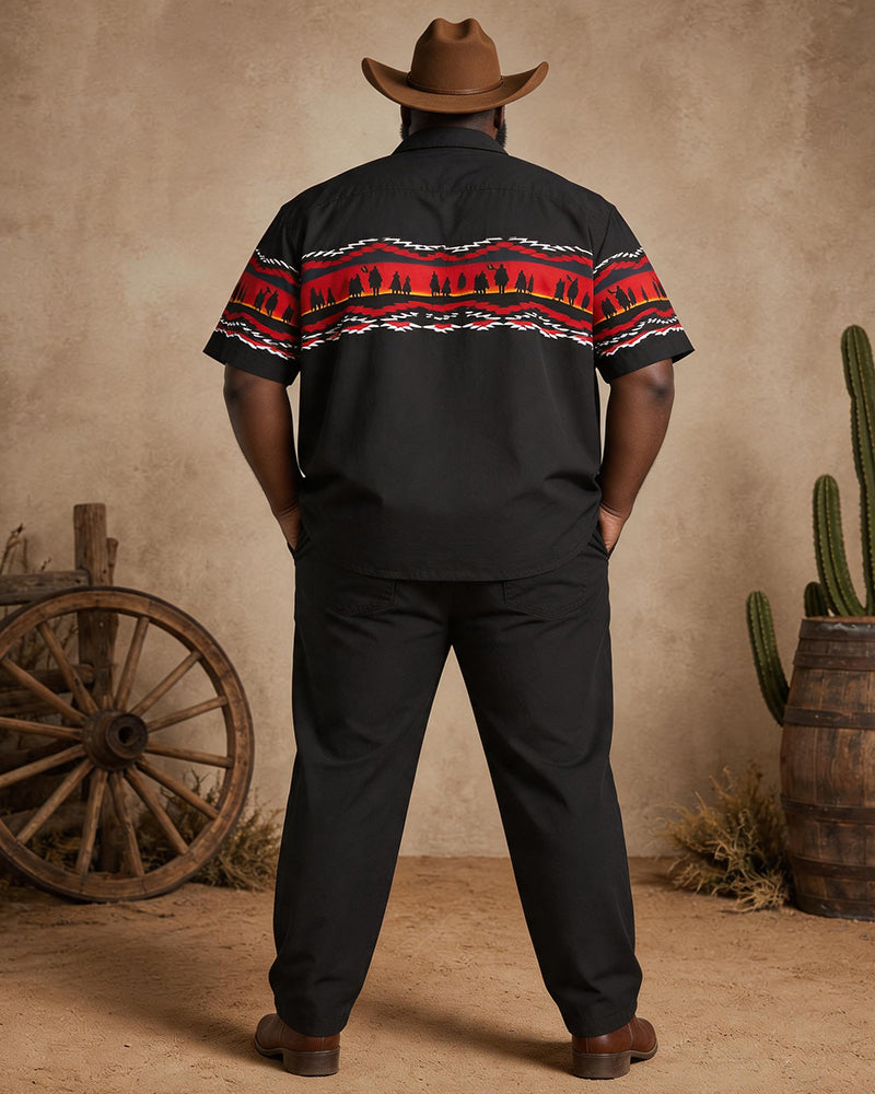 Big & Tall Men's Black Base Navajo Tribe Silhouette Print Short Sleeve Shirt Pants Set