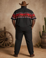 Big & Tall Men's Black Base Navajo Tribe Silhouette Print Short Sleeve Shirt Pants Set