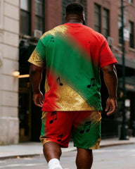 Big & Tall Men's Juneteenth Note Gold Powder Gradient Printing Round Neck Short Sleeve T-shirt Shorts Set