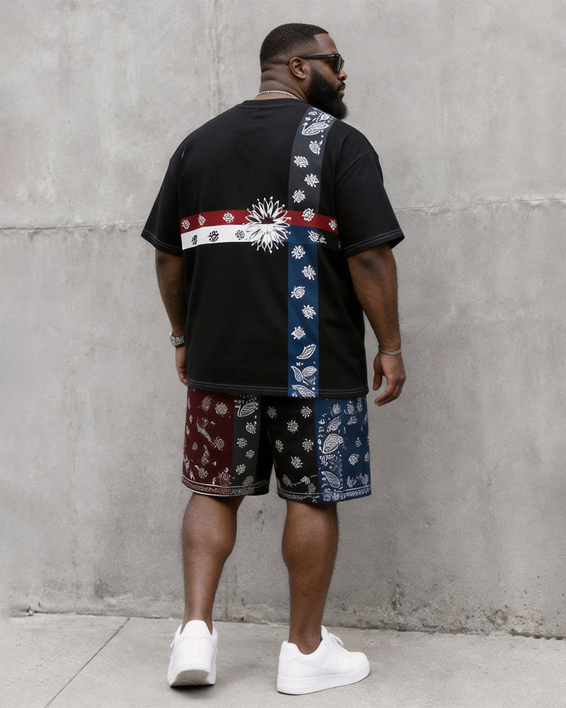 Big & Tall Men's Black Contrast Paisley Stitching Printed Crew Neck Short Sleeve T-shirt Shorts Set
