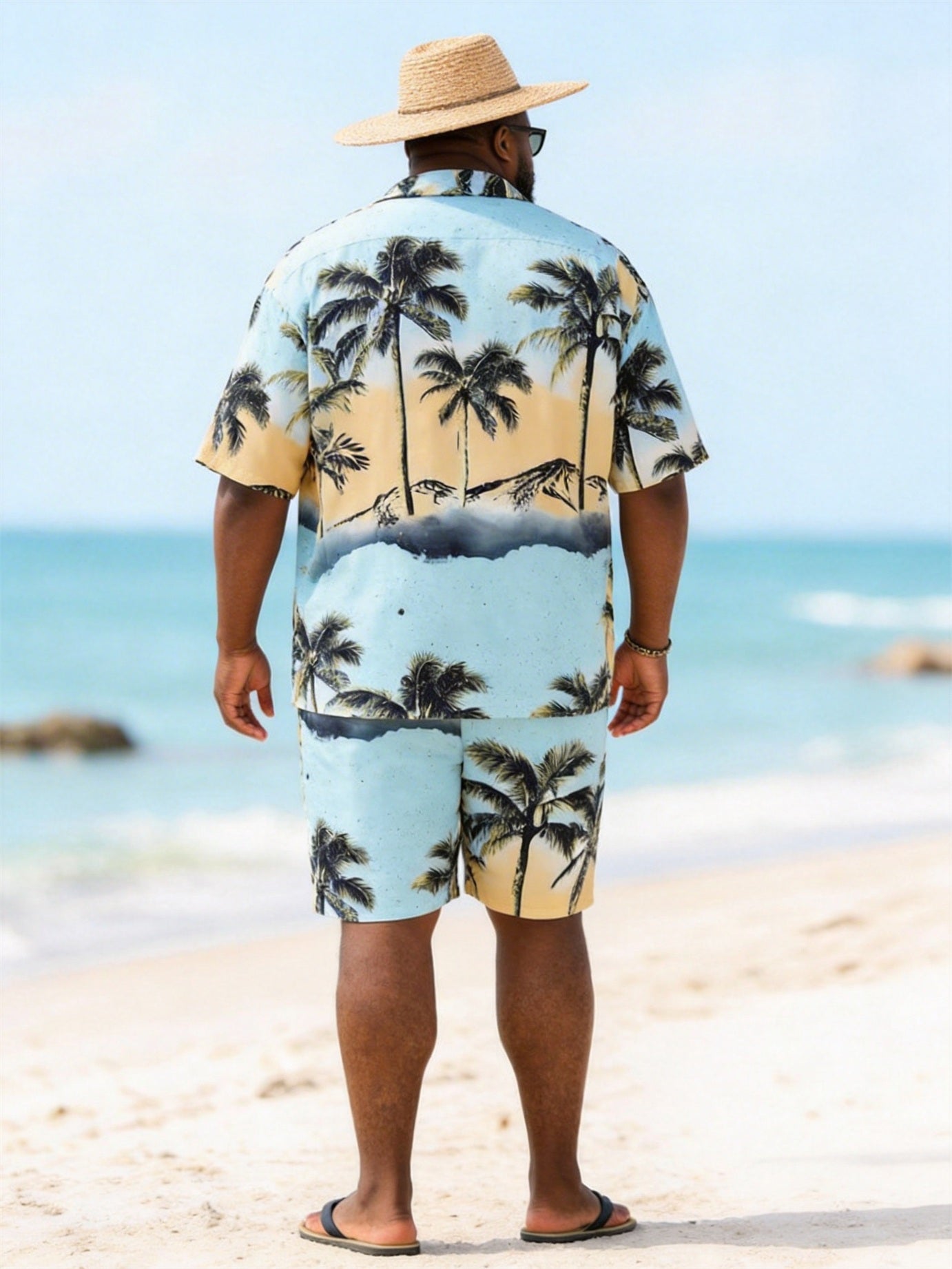 Big & Tall Men's Yellow And Blue Gradient Coconut Printed Short Sleeve Shirt Shorts Set