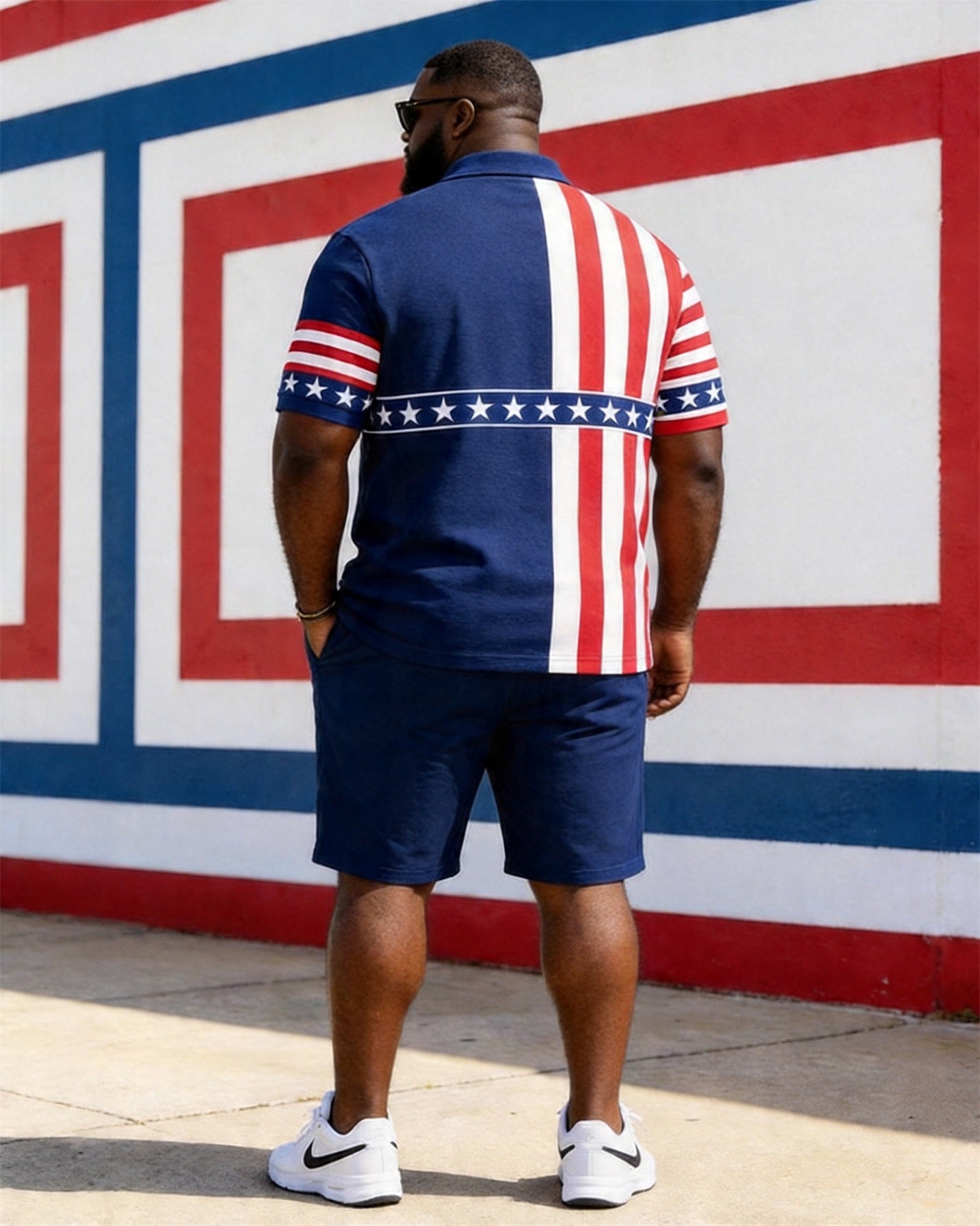 Big & Tall Men's American Flag Stars And Stripes Colorblock Printed POLO Short Sleeve Shorts Set