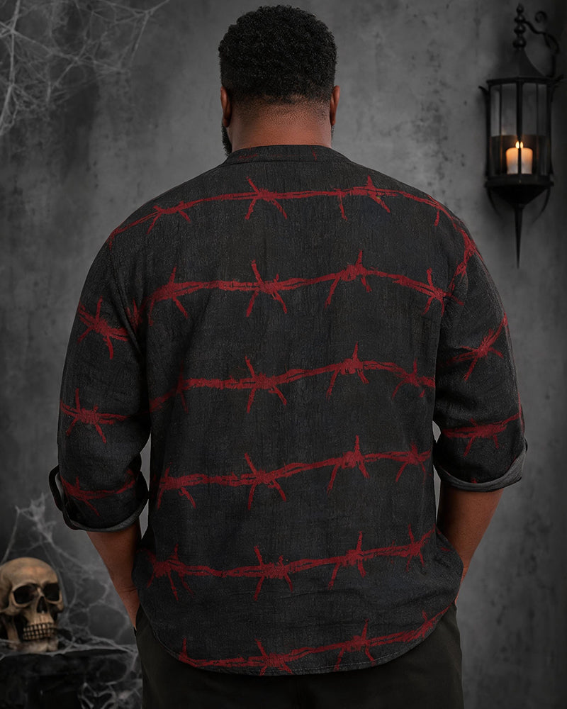Big & Tall Men's Black Red Barbed Wire Printed Long Sleeve Shirt With Vertical Collar
