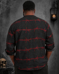 Big & Tall Men's Black Red Barbed Wire Printed Long Sleeve Shirt With Vertical Collar