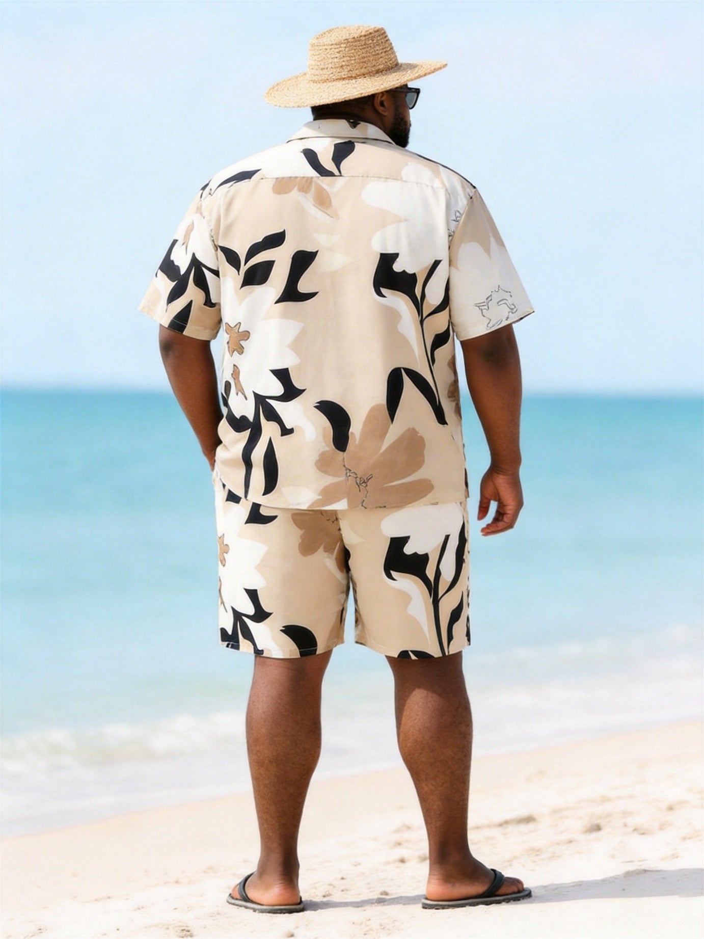 Big & Tall Men's Khaki Abstract Floral Print Short Sleeve Shirt Shorts Set