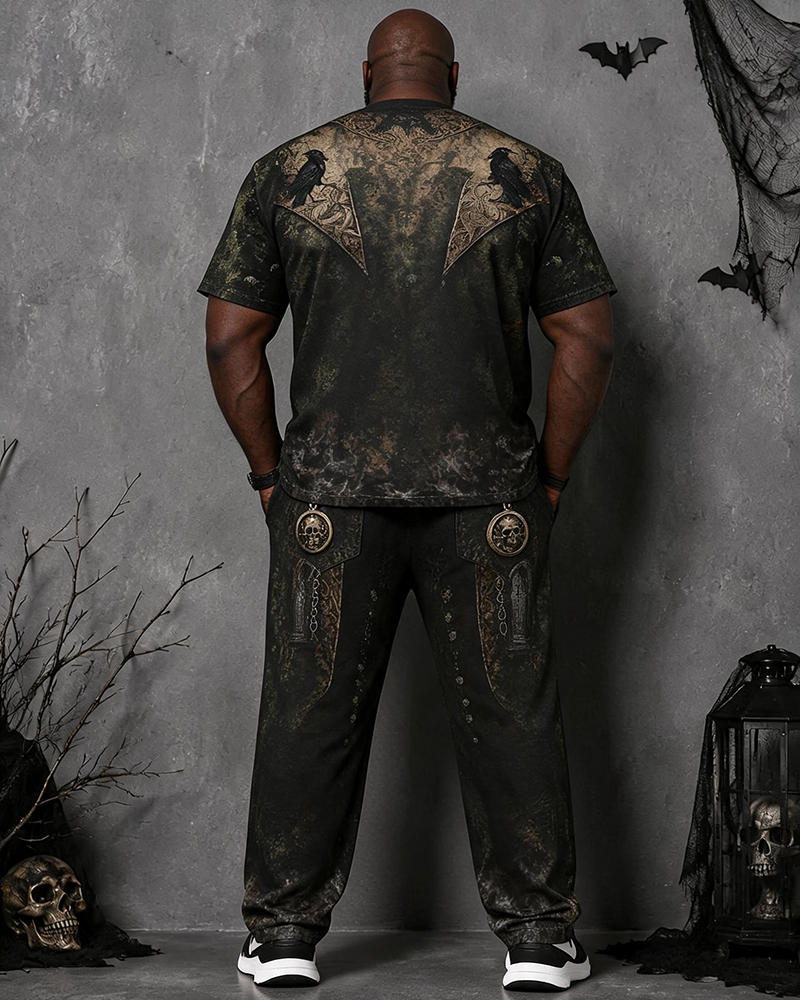 Big & Tall Men's Dark Green Crow Skull Castle Vest Printed T-shirt Pants Set