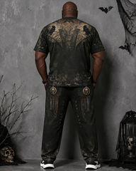 Big & Tall Men's Dark Green Crow Skull Castle Vest Printed T-shirt Pants Set