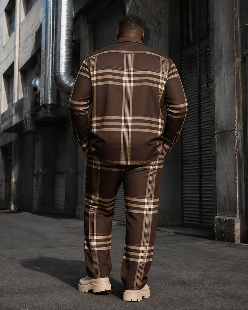 Big & Tall Men's Retro Brown Coffee Plaid Printed Long Sleeve Shirt Pants Set