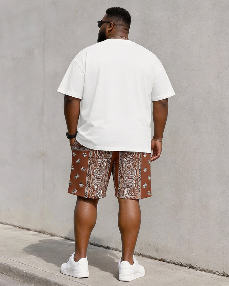 Big & Tall Men's Brown Paisley Patchwork Digital Printed Round Neck Short Sleeve T-Shirt Shorts Set