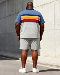 Big & Tall Men's Blue Grey Gradient Rainbow Stripe Printed Round Neck Short Sleeve T-Shirt Shorts Set