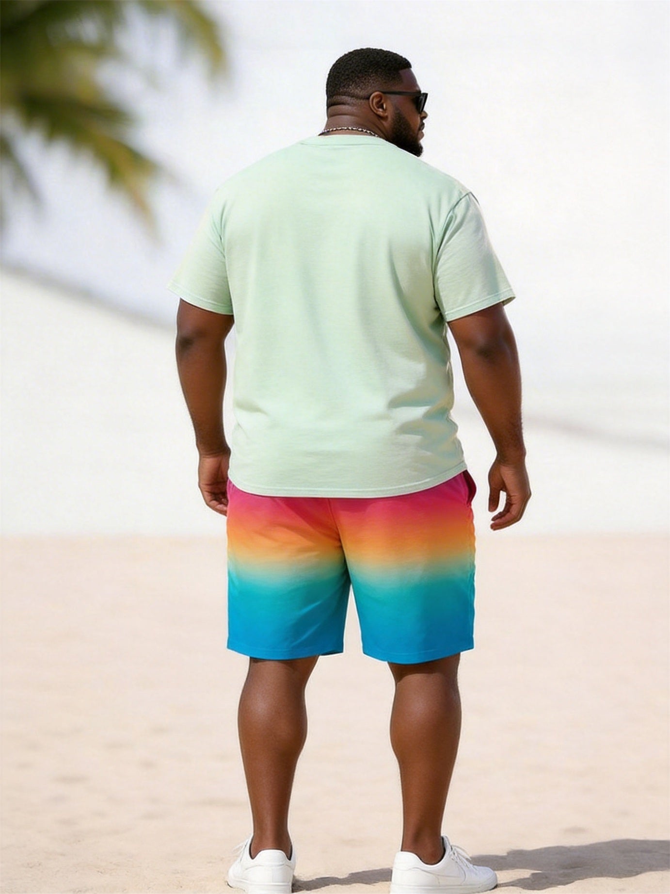Big & Tall Men's MIAMI Double Coconut Tree Gradient Print Round Neck Short Sleeve T-Shirt Shorts Set