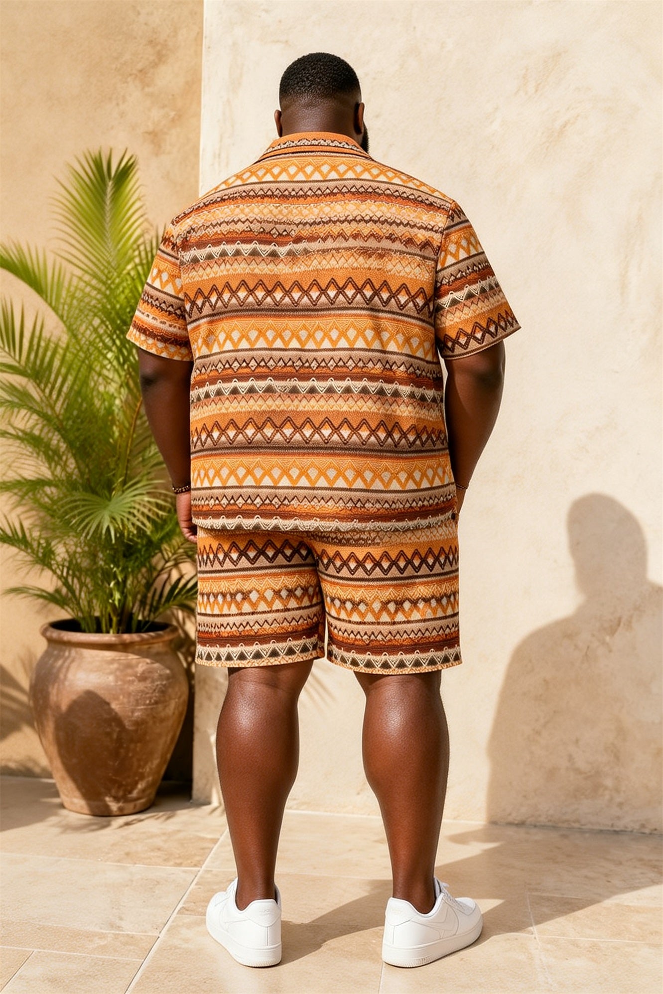 Big & Tall Men's Retro Brown Geometric Wave Print Short Sleeve Shirt And Shorts Set
