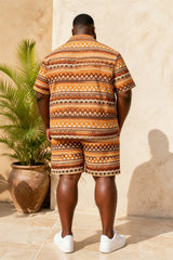 Big & Tall Men's Retro Brown Geometric Wave Print Short Sleeve Shirt And Shorts Set