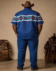 Big & Tall Men's Royal Blue Navajo Geometric Print Short Sleeve Shirt Pants Set