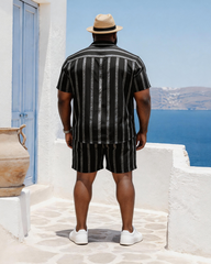 Big & Tall Men's Black Silver Flash Vertical Stripes Printed Short Sleeve Shirt Shorts Set