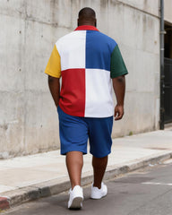 Big & Tall Men's Four-color Stitching Printed POLO Short-sleeved Shorts Set