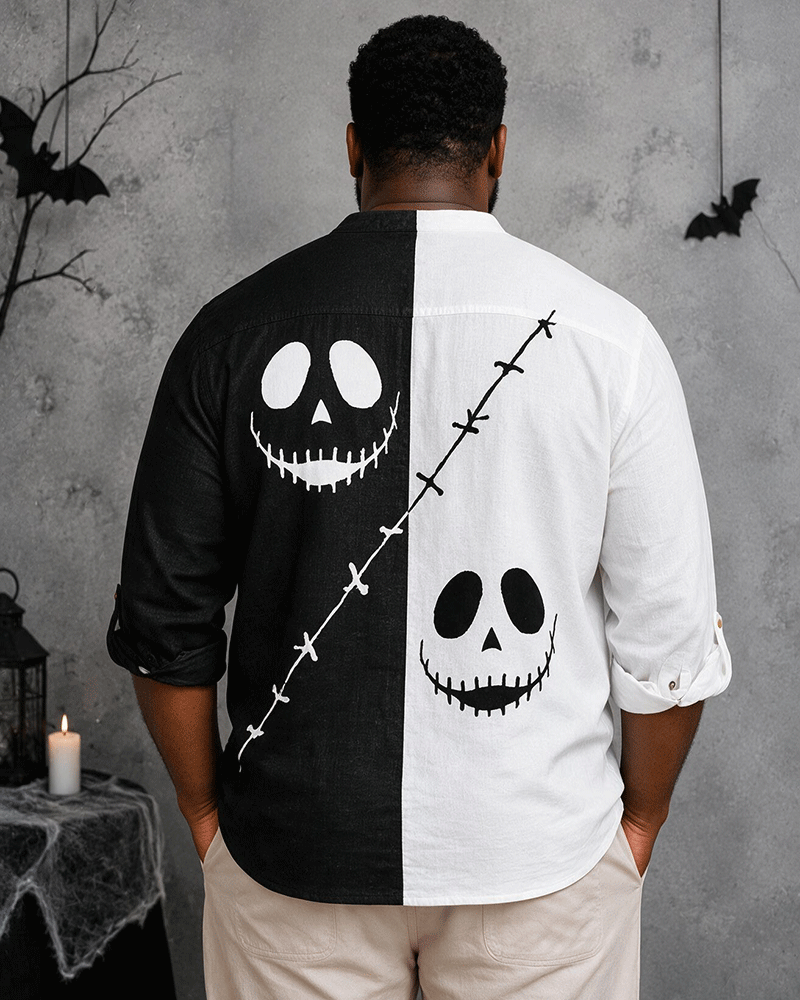 Big & Tall Men's Black And White Contrast Skull Print Collar Long Sleeve Shirt